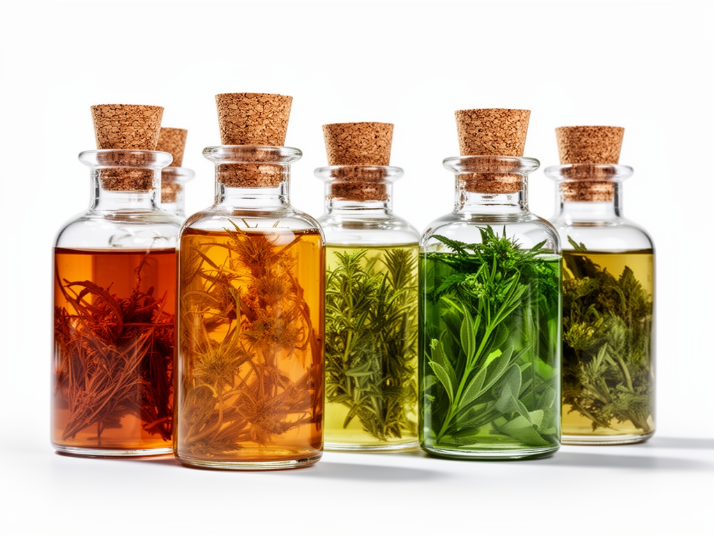 Flacons en verre laboratoire avec extraits végétaux de différentes couleurs ambrées et vertes, bouchons en liège, sur fond blanc épuré avec ombres douces