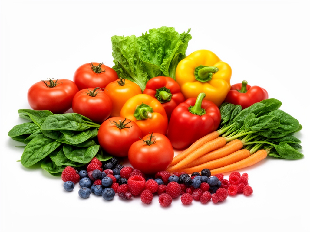 Assortiment coloré de légumes et fruits frais entiers — tomates, poivrons, carottes, épinards et fruits rouges — disposés en composition artistique sur fond blanc, lumière studio douce et diffuse