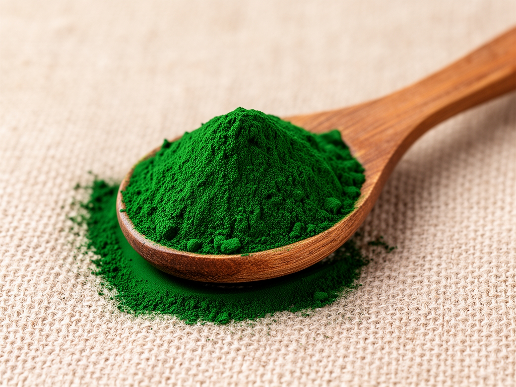 Poudre de spiruline verte vif en tas sur cuillère en bois rustique, grains fins visibles, surface naturelle en lin beige en arrière-plan