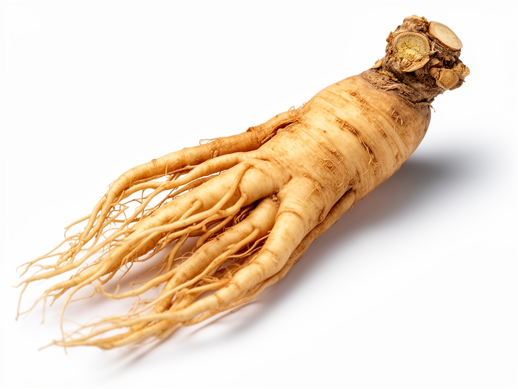 Racine de ginseng entière et coupée avec sa forme ramifiée caractéristique humanoïde, sur fond blanc propre avec ombre douce, détail macro haute résolution
